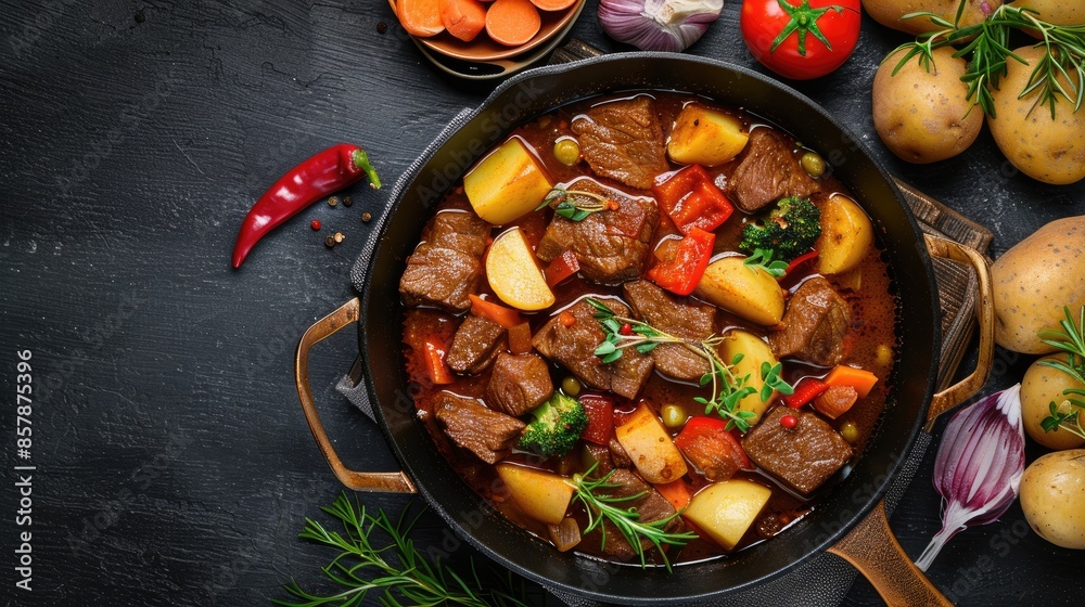 Close-up of a hearty beef and potato stew with parsley in a cast iron skillet on a rustic wooden table Close-up of a hearty beef and potato stew with parsley in a cast iron skillet on a rustic wooden table