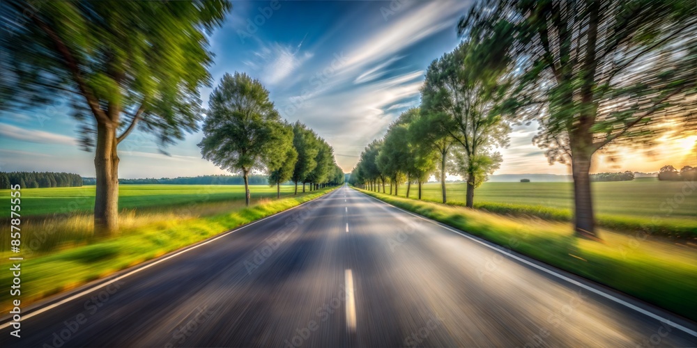 Fototapeta premium Rural Countryside Road Blur: A peaceful countryside road with fields and trees on either side, blurred to create a sense of motion. 