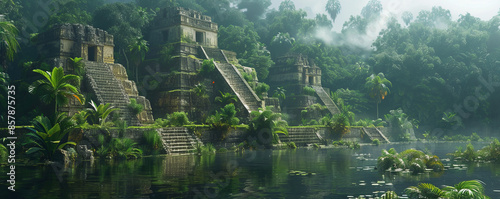 Ancient Mayan ruins nestled in a dense jungle, archaeological treasure, tropical history, cultural heritage.