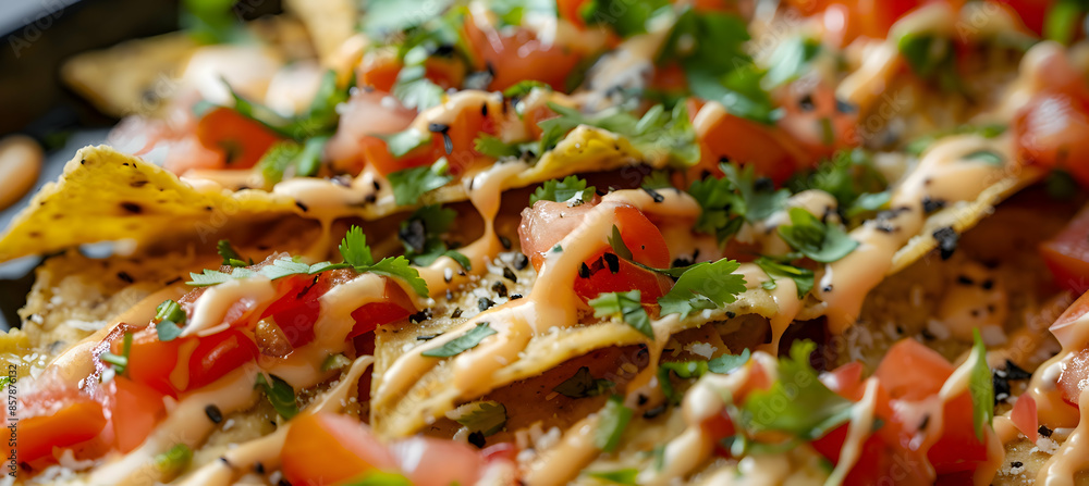 A close-up of fast food vegan nachos, showcasing the toppings and crispy chips A close-up of fast food vegan nachos, showcasing the toppings and crispy chips