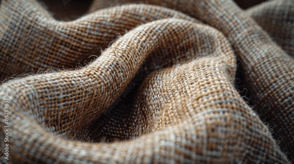 Close-up Detail of a Natural Woven Burlap Fabric Texture with a Warm Brown Color and Rough, Textured Threads