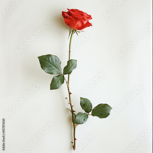 A single red rose with green stem and leaves on solid white background, single photo