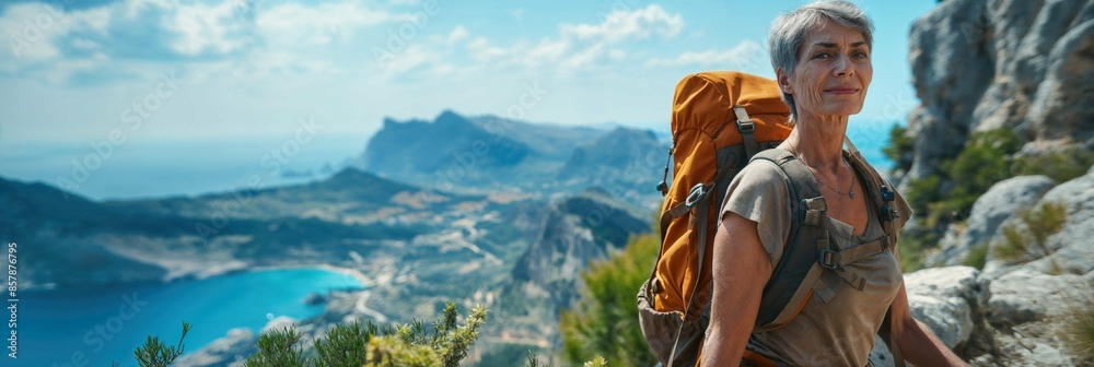 Elderly woman hiking on a mountain trail. Middle-aged woman hiking Elderly woman hiking on a mountain trail. Middle-aged woman hiking