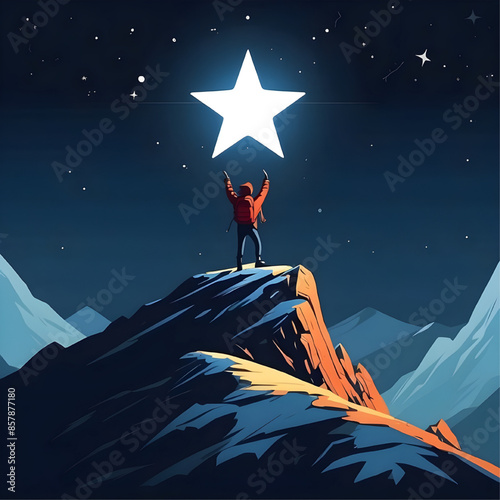 Reaching for the Stars: A solitary figure stands triumphant on a mountain peak, reaching towards a brilliant star in the night sky. This evocative image symbolizes ambition, perseverance