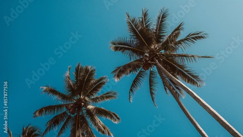 A breathtaking low angle shot of the blue sky with palm tress