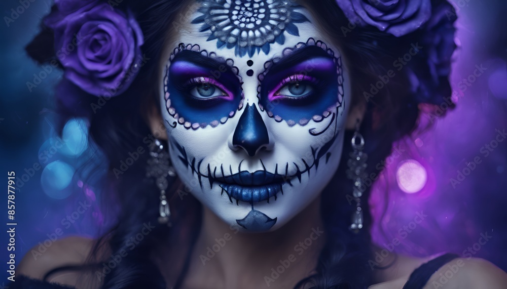 woman with day of the dead makeup, purple and blue colors woman with day of the dead makeup, purple and blue colors