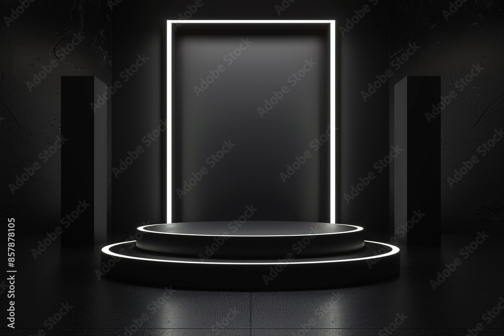 black podium on dark background with neon white black podium on dark background with neon white