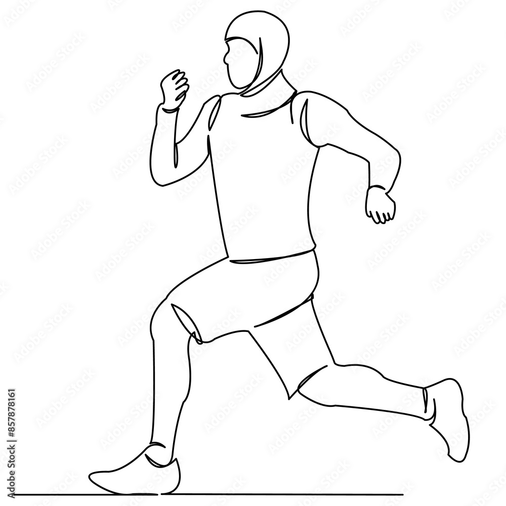 continuous single drawn one-line Muslim woman doing sport hand-drawn picture silhouette. Line art. character Muslim woman running sprint continuous single drawn one-line Muslim woman doing sport hand-drawn picture silhouette. Line art. character Muslim woman running sprint
