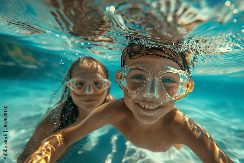 Fototapeta premium Happy children snorkeling underwater in clear blue ocean with goggles, adventure and fun in tropical beach, summer vacation with palm trees