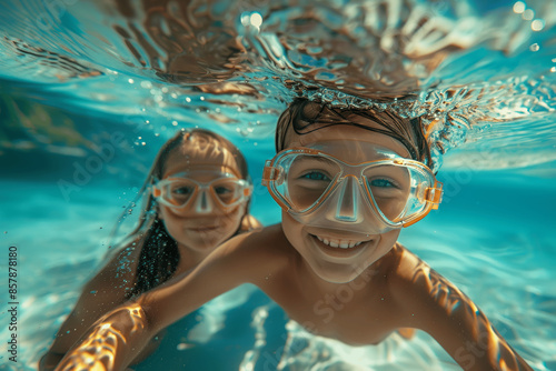 Happy children snorkeling underwater in clear blue ocean with goggles, adventure and fun in tropical beach, summer vacation with palm trees © btiger