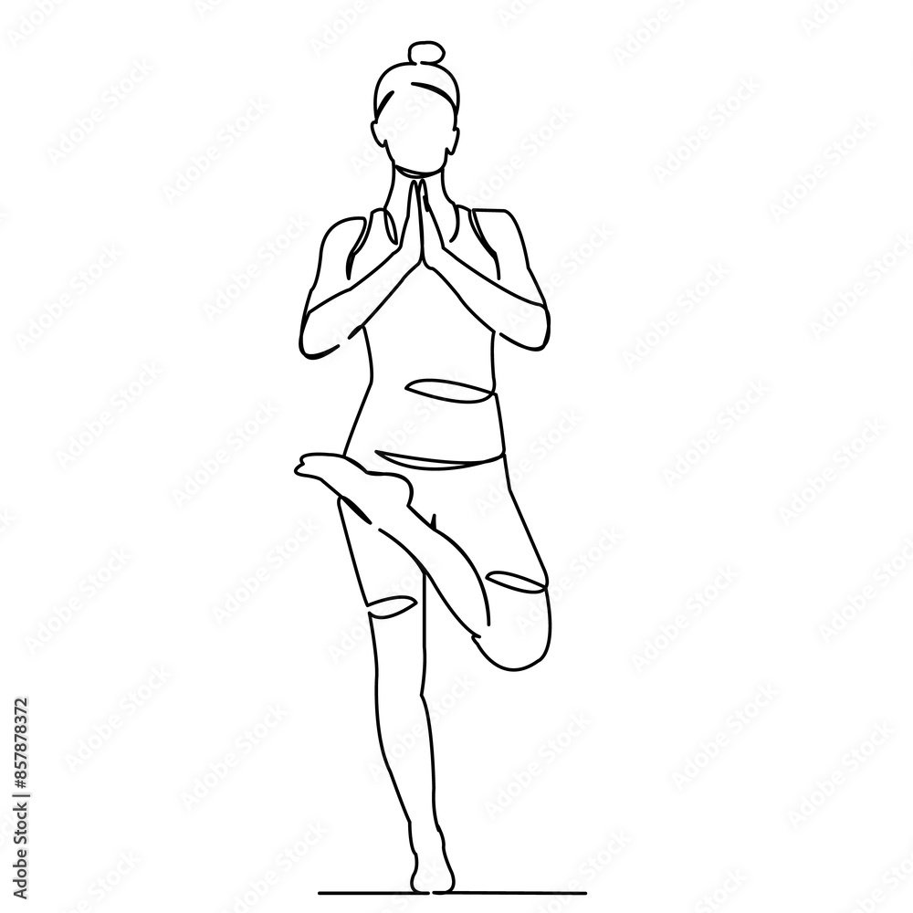continuous single drawn one line woman doing yoga hand-drawn picture silhouette.Line art. character woman standing in a tree pose continuous single drawn one line woman doing yoga hand-drawn picture silhouette.Line art. character woman standing in a tree pose
