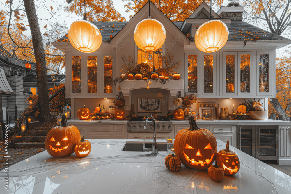 Obraz premium Halloween house with pumpkin decorations and spooky ghosts, night scene, festive autumn yard, orange decor