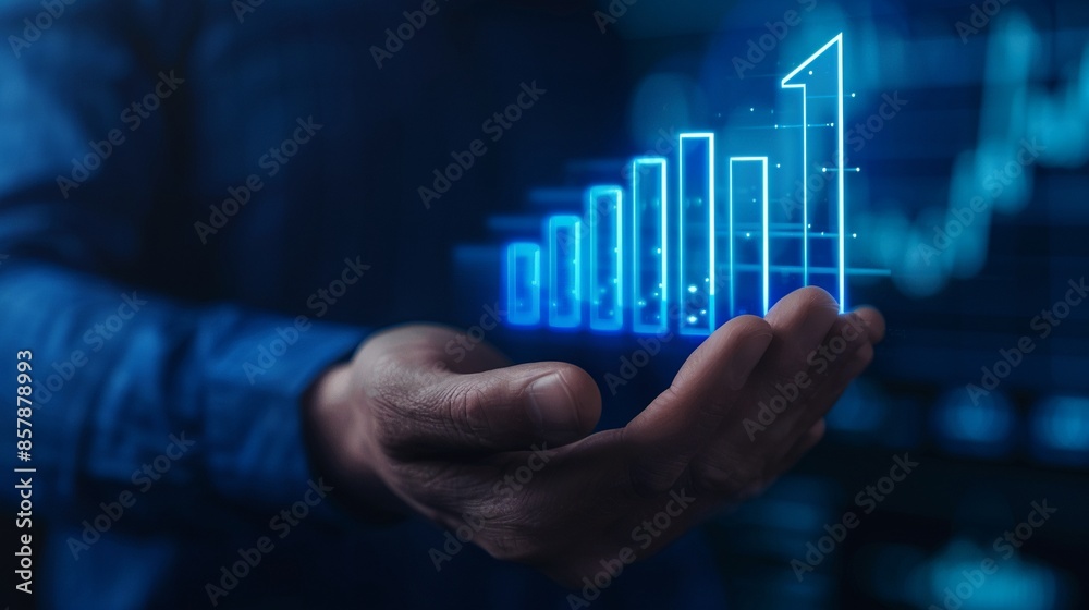 Hand connecting with a digital rising bar chart, illuminated bars and upward arrow, blue and futuristic background, high clarity, symbolizing economic growth Hand connecting with a digital rising bar chart, illuminated bars and upward arrow, blue and futuristic background, high clarity, symbolizing economic growth