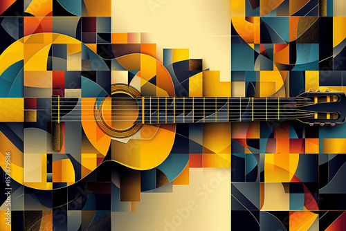 Cubist Acoustic Guitar Poster Design with Geometric Shapes in Yellow and Black photo