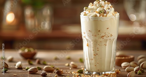 Creamy Nutty Latte With Whipped Cream and Toasted Pecans on Wooden Table