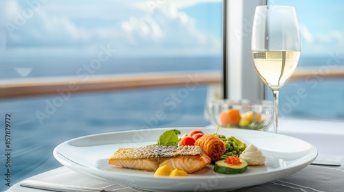 A plate of grilled salmon and white wine enjoyed on a cruise ship with a stunning ocean view at sunset