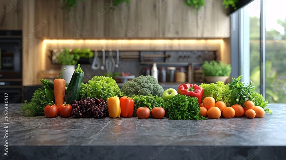Variety of fresh vegetables on a kitchen counter. Healthy eating and cooking concept Variety of fresh vegetables on a kitchen counter. Healthy eating and cooking concept