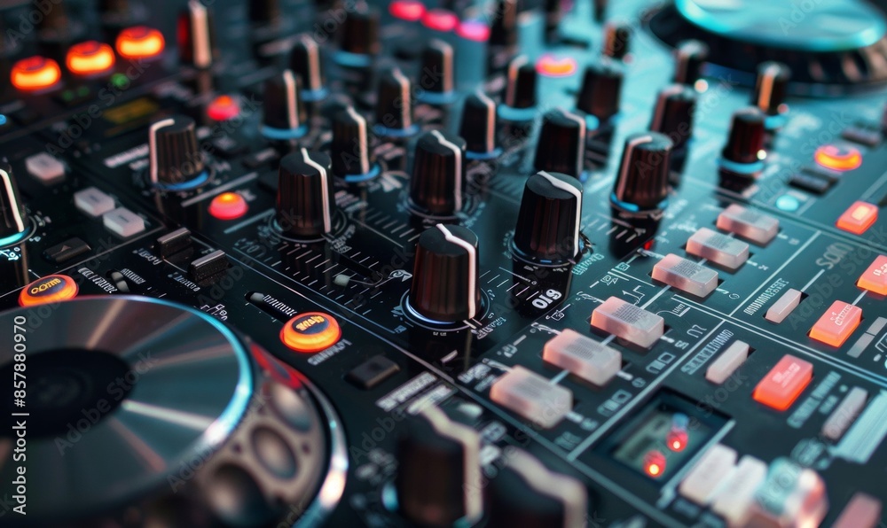 Professional DJ mixer with various knobs and sliders being adjusted to control sound levels and effects Professional DJ mixer with various knobs and sliders being adjusted to control sound levels and effects