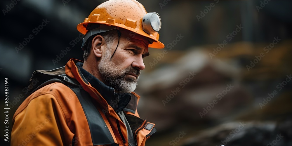 Focused geologist in orange helmet examines minerals on quarry rock face. Concept Geologist, Minerals, Quarry, Rock Face, Orange Helmet Focused geologist in orange helmet examines minerals on quarry rock face. Concept Geologist, Minerals, Quarry, Rock Face, Orange Helmet