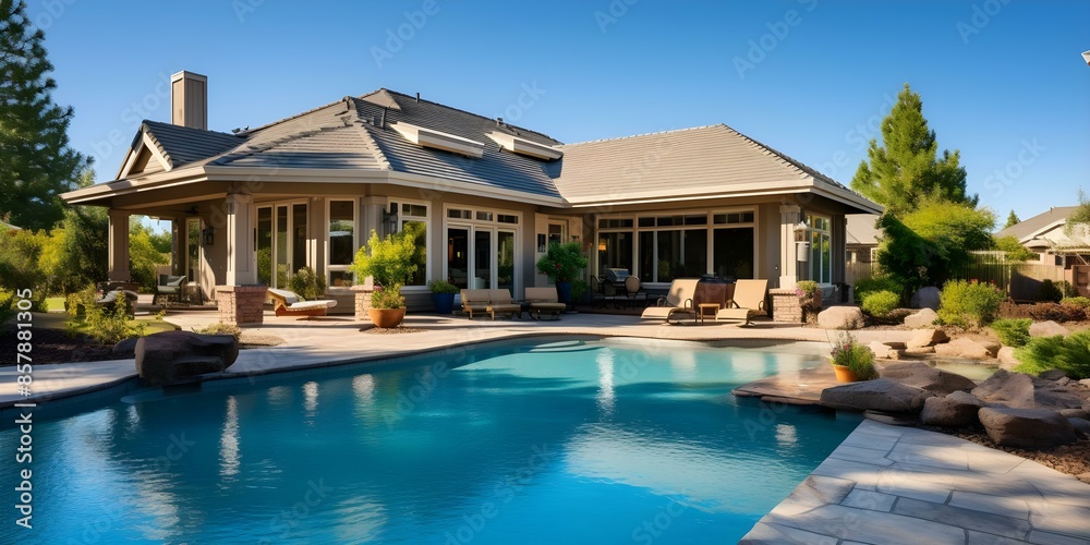 Obraz premium Arizona home with large backyard pool light brown exterior wood shingle roof. Concept Desert Oasis, Modern Rustic, Relaxing Retreat