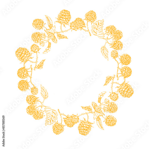 Raspberries circle frame. Hand drawn round line border, leaves and flowers, wedding invitation and cards, logo design and posters template. Elegant minimal style floral vector isolated 