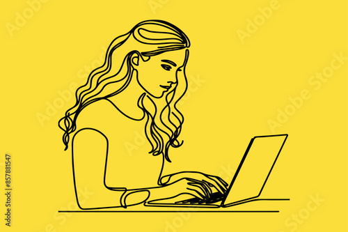 line art a weman using laptop vector art.