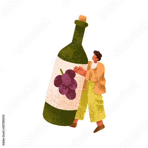 Tiny wine lover holding alcohol drink bottle in hands. Sommelier character carrying alcoholic beverage, grape vino, huge vine, grapevine. Flat vector illustration isolated on white background