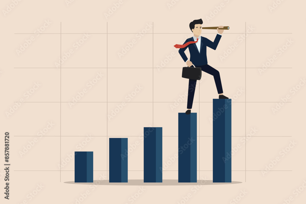 Vision to see next goal, motivation to success, challenge to achieve success concept, confidence businessman step on rise up graph look for next goal. Vision to see next goal, motivation to success, challenge to achieve success concept, confidence businessman step on rise up graph look for next goal.