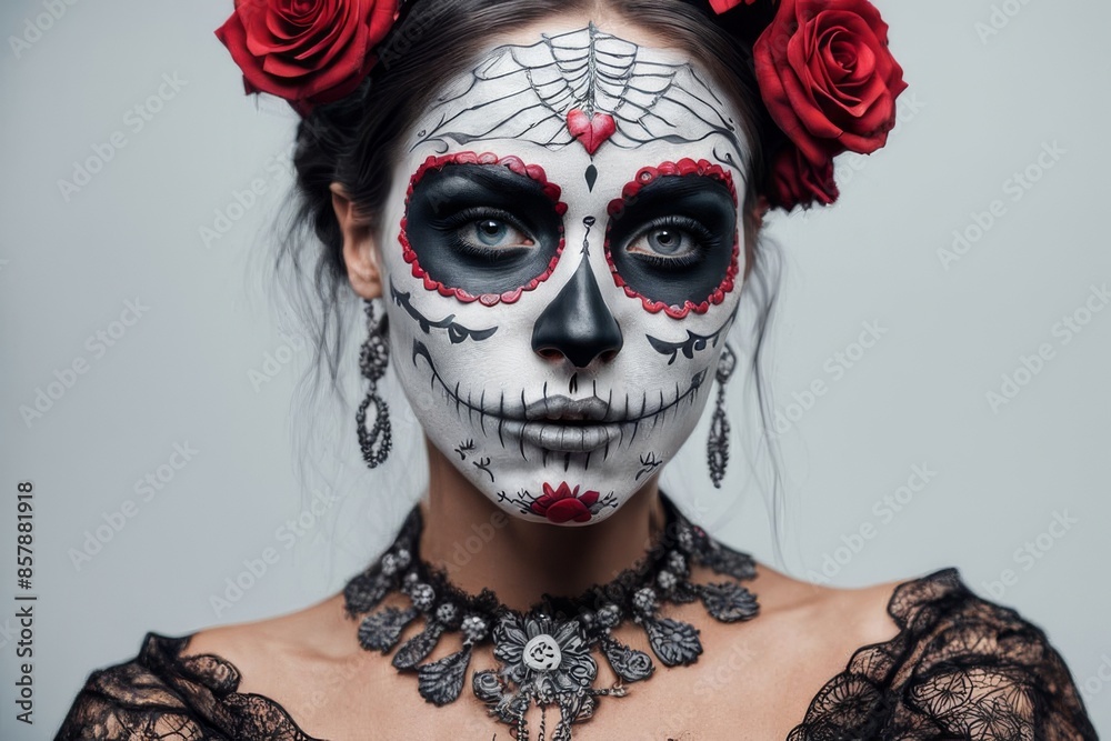 attractive woman with day of the dead makeup, white background attractive woman with day of the dead makeup, white background