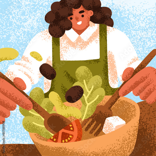 Cooking vegetable salad. Happy woman during healthy food preparation. Mixing fresh veggies, tomato, lettuce, olive, cheese in bowl for vegetarian dish. Mediterranean cuisine. Flat vector illustration