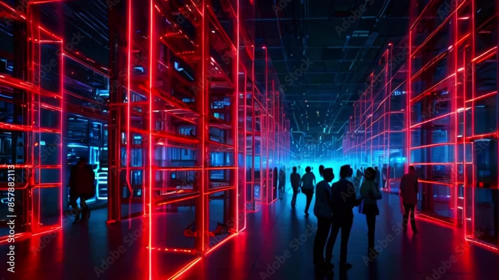 The video is of a long, futuristic hallway with people walking through it. The walls are lined with red lights, and the floor is lit up with blue lights. The video is of a long, futuristic hallway with people walking through it. The walls are lined with red lights, and the floor is lit up with blue lights.