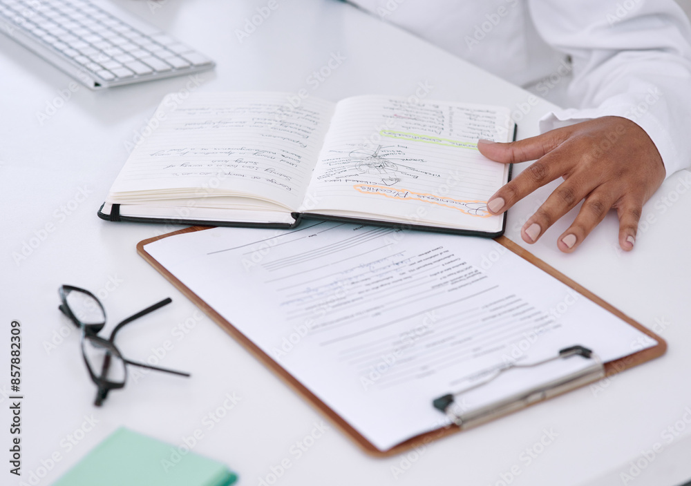 Obraz premium Hands, documents and notes for science in laboratory with results, theory and compliance with ethics in test. Person, books and paperwork with clipboard for reading information, review and mind map