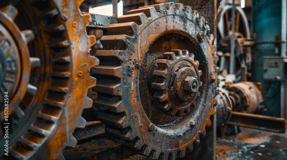 Greasy and worn engine gear wheels in an old factory, depicting wear and tear over time Greasy and worn engine gear wheels in an old factory, depicting wear and tear over time