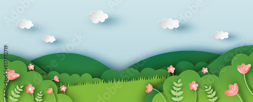 Flower meadow in spring. Spring natural landscape. paper cut and craft style. vector, illustration.