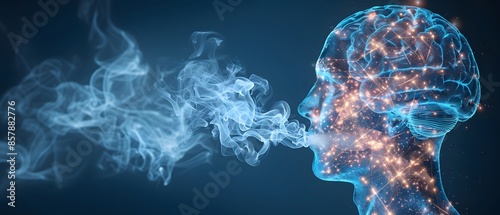 Smokings Neurologic Paths, Illustrate neural pathways in a brain, altered and marked by smoking cigalettes, symbolizing its neurological effects. 2D Clipart, clean environment photo