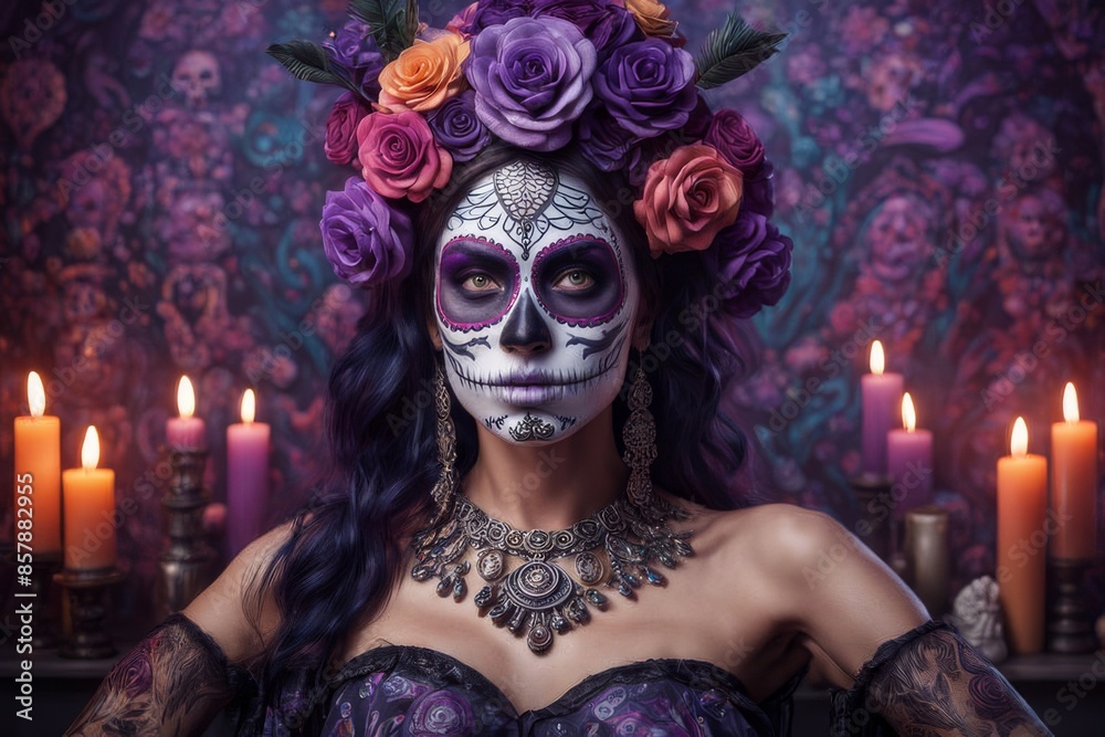 Fototapeta premium attractive woman with day of the dead makeup, purple colors, candles background