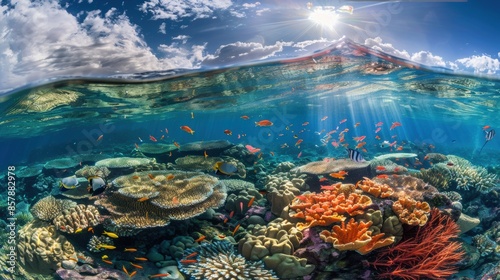 A vibrant coral reef teeming with colorful fish, sunlight filtering through the crystal-clear water, professional landscape photography, --ar 16:9 Job ID: 37dc399f-3fa1-407d-995d-c547d5c8d15b