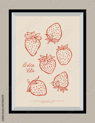 Minimal hand drawn vector dolce vita illustration with aesthetic quote in a poster frame. Matisse style illustrations.	
