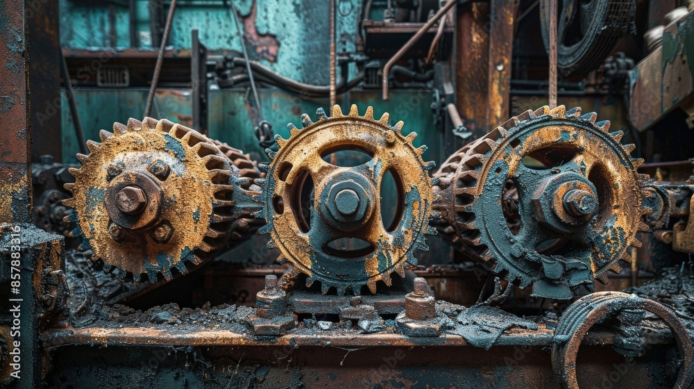 Greasy and worn engine gear wheels in an old factory, depicting wear and tear over time Greasy and worn engine gear wheels in an old factory, depicting wear and tear over time