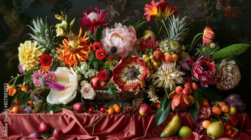 A vibrant still life with a variety of exotic flowers and fruits arranged on a silk tablecloth