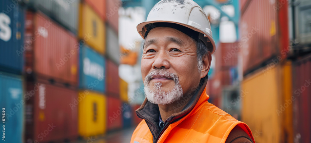Chinese worker standing in front of stacked shipping containers. Container terminal - freight shipping background. International trade banner. Import export concept. Chinese worker standing in front of stacked shipping containers. Container terminal - freight shipping background. International trade banner. Import export concept.