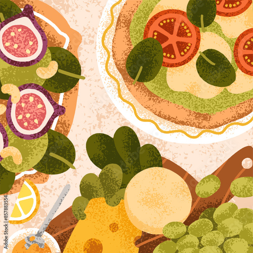 Pizza, cheese plate, fruit salad, table serving. Italian food, Mediterranean ...