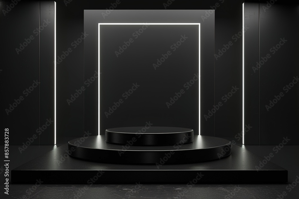 3d black podium dark background with neon white