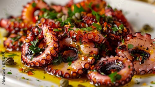 Close-Up of Thinly Sliced Octopus Carpaccio with Olive Oil and Capers