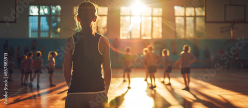 teacher female instructing children in modern school sport