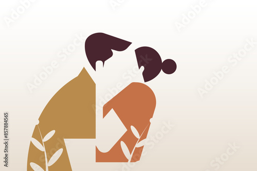Minimalist illustration of a loving couple kissing in the garden