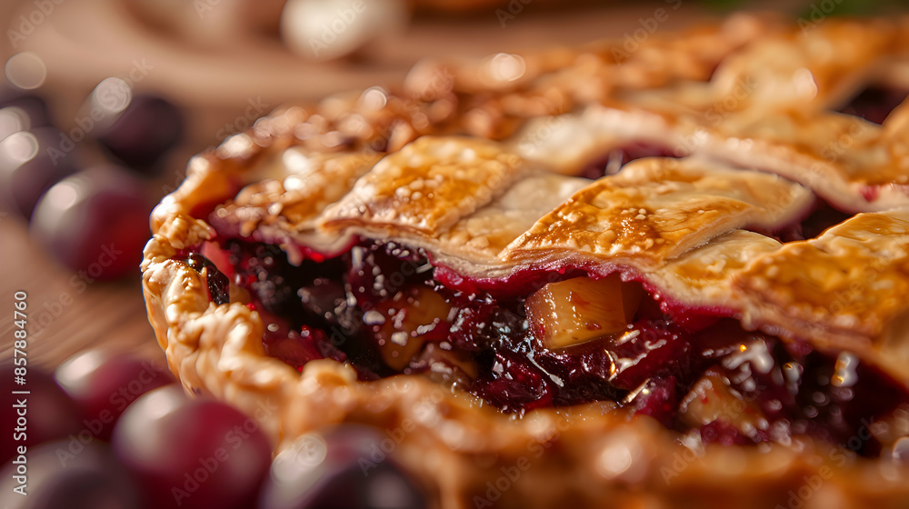 A close-up shot of a gourmet fast food vegan pie, highlighting the flaky texture and fruit fillings