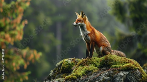 Close up wild fox on mossy rock. Natural forest habitat with beast of prey.