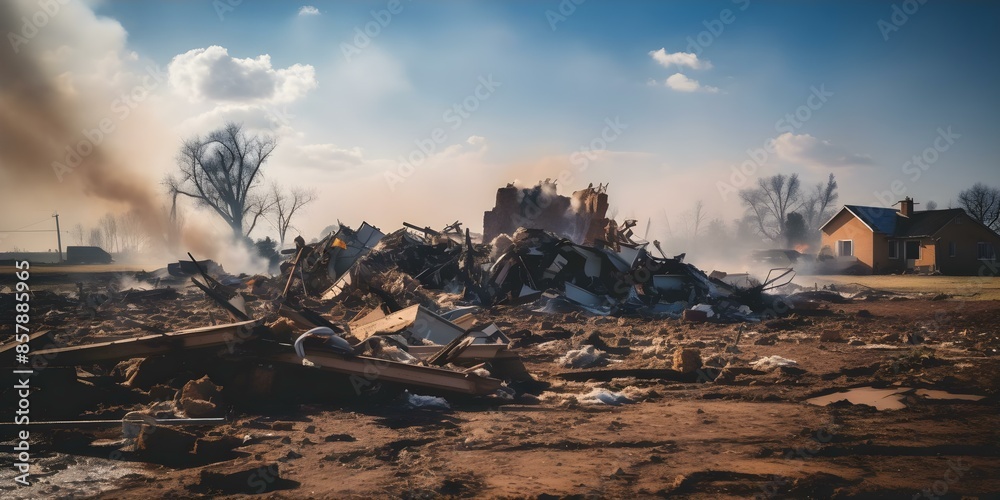 Devastation in rural area as tornado causes destruction by tossing debris. Concept Natural Disaster, Tornado Damage, Rural Destruction, Devastation, Debris Everywhere