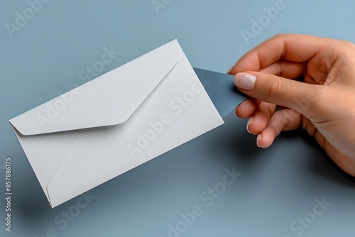 Hand Holding White Envelope with Insert Card on Light Blue Background - Concept of Communication and Correspondence